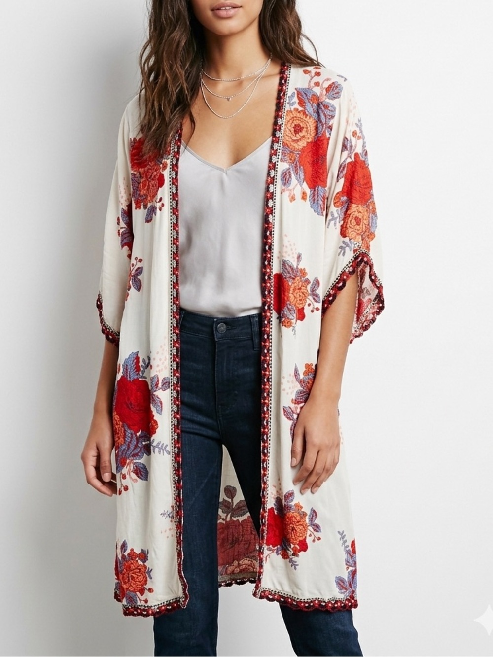 Flying Tomato Cream Red Floral Open Front Kimono Duster Crochet Trim - Size M/L🤩
